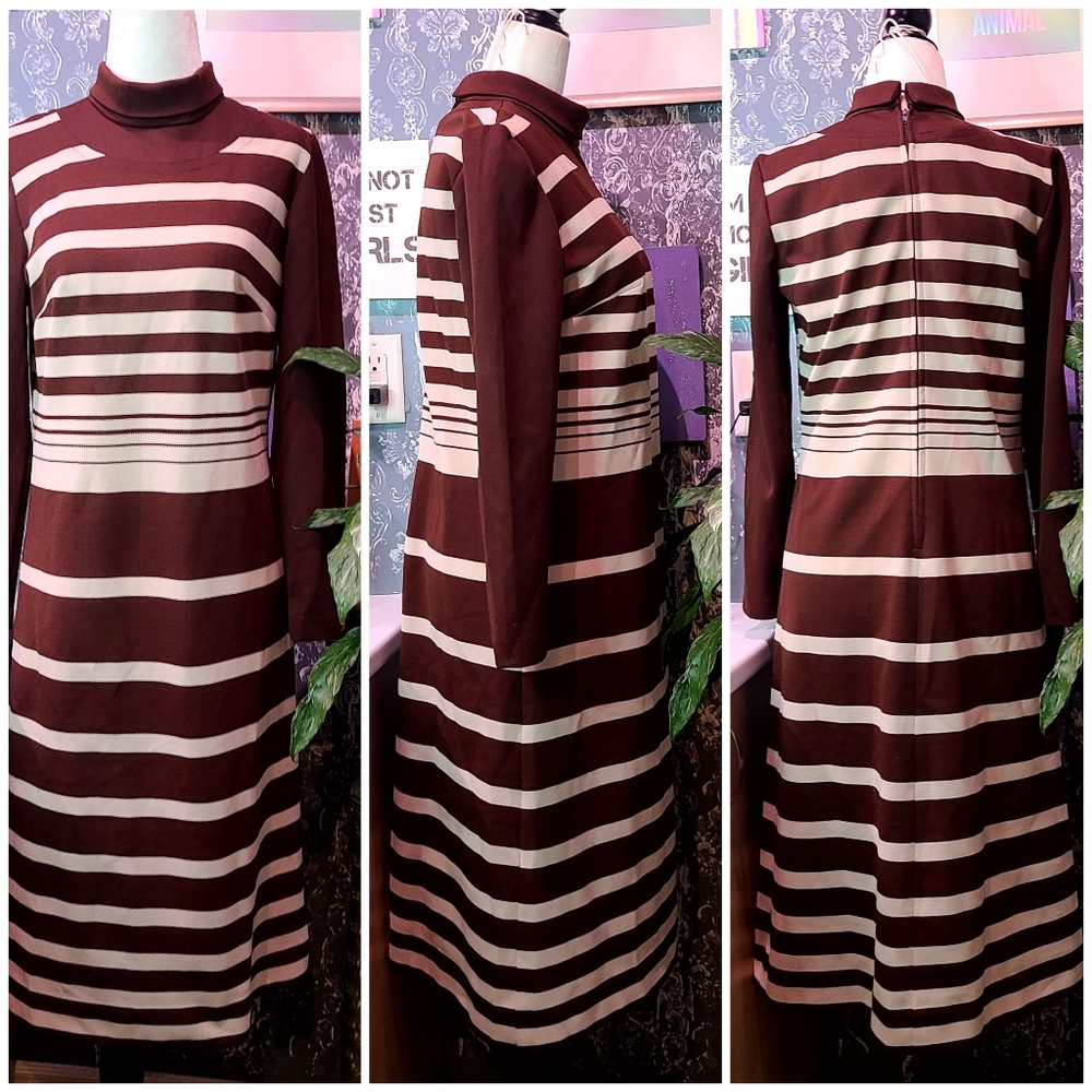Daddy's Cookie- Vintage Brown Striped Dress with Long sleeves